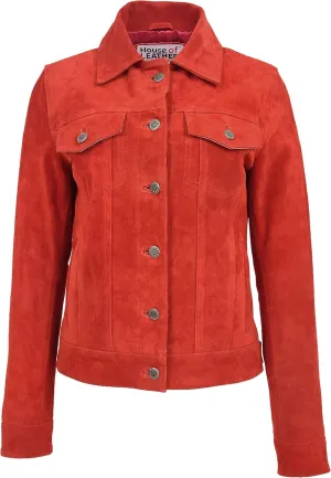 Womens Real Suede Trucker Jacket Classic Button Fastening Style Alma Red