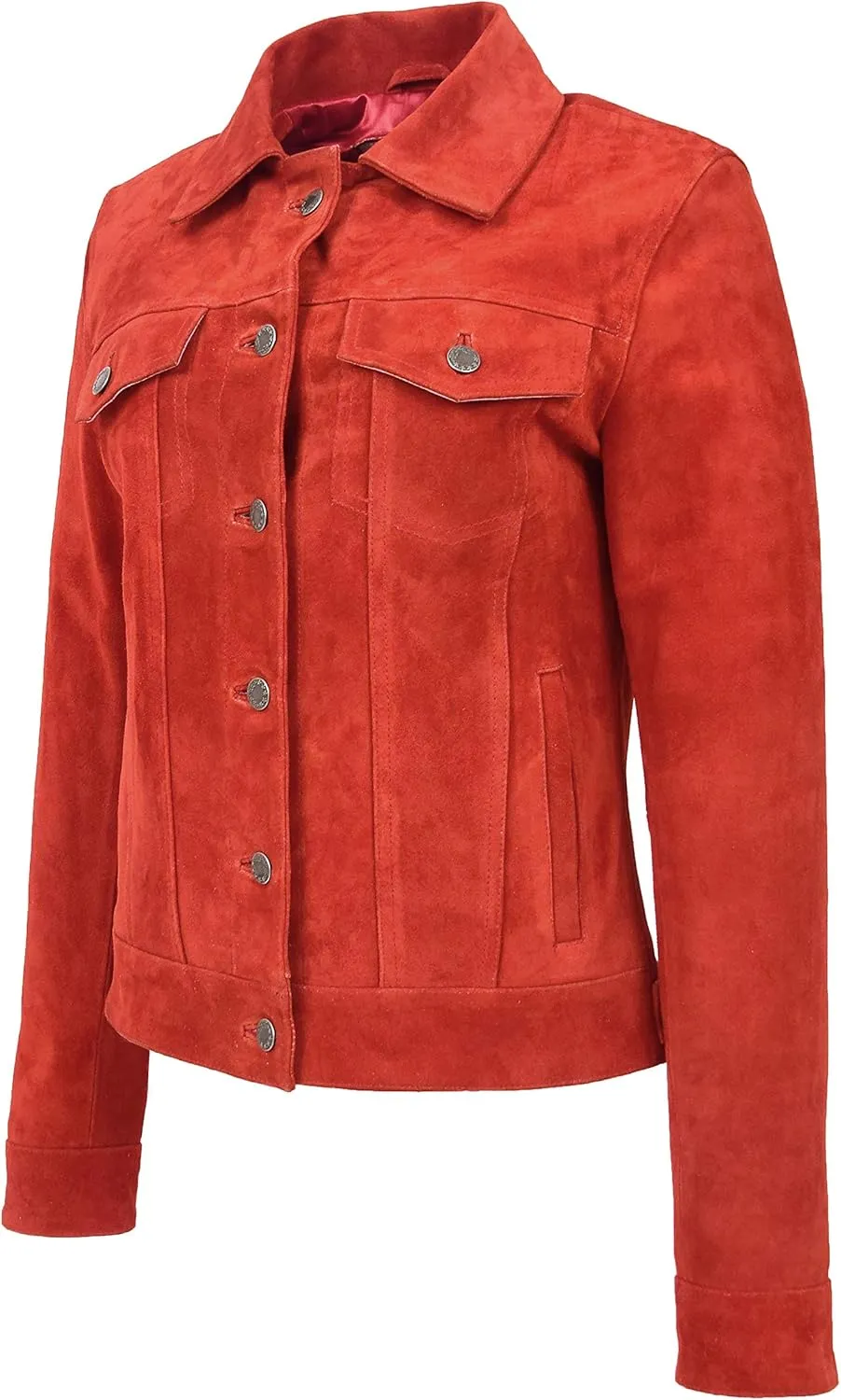 Womens Real Suede Trucker Jacket Classic Button Fastening Style Alma Red