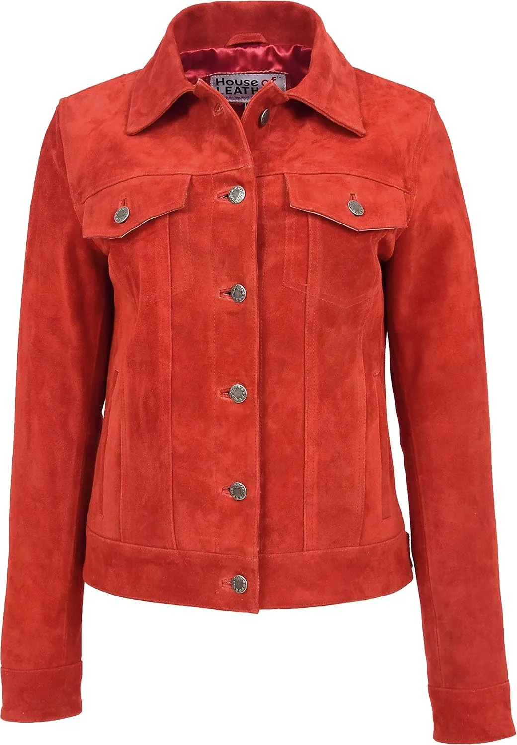 Womens Real Suede Trucker Jacket Classic Button Fastening Style Alma Red