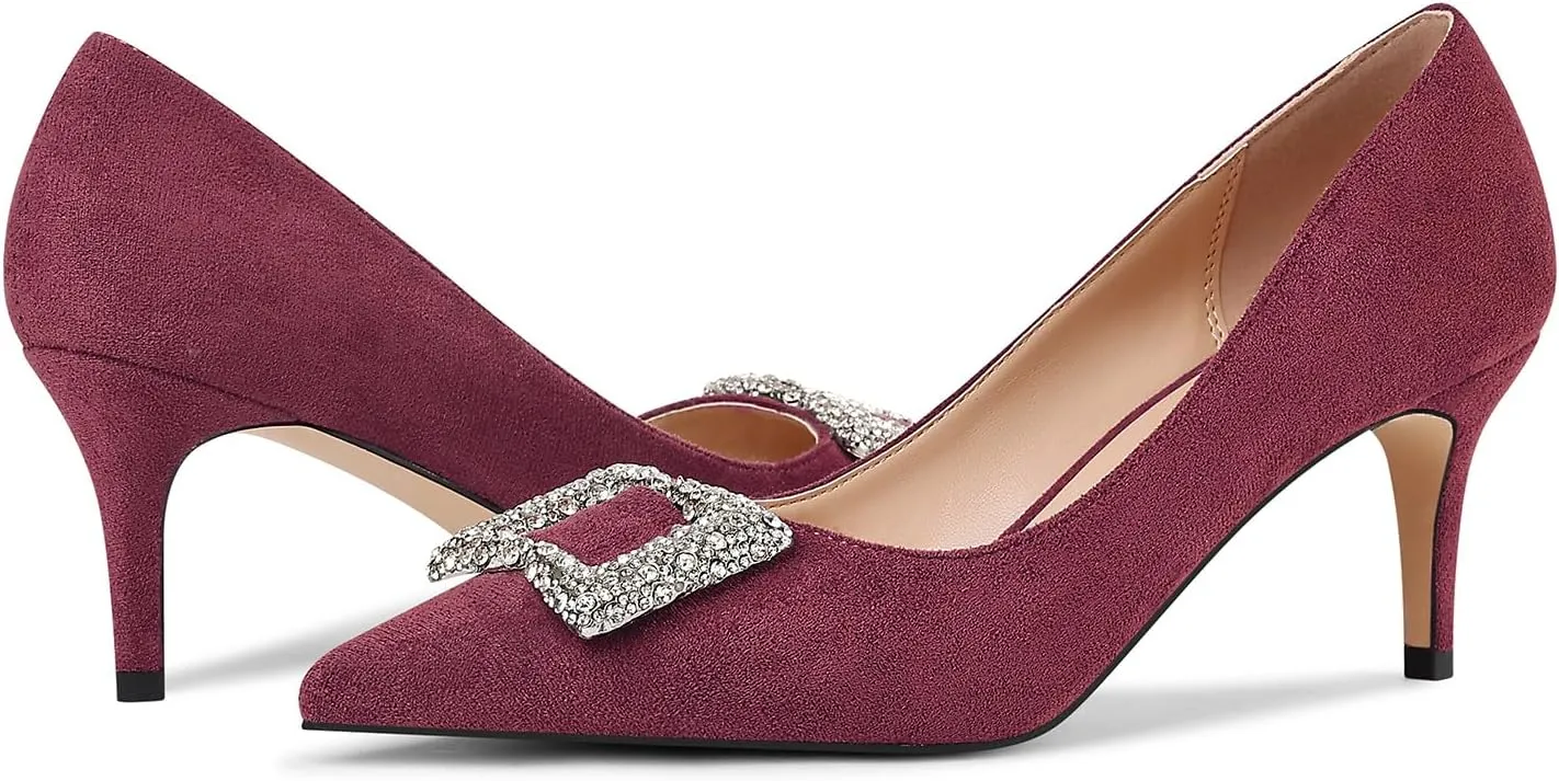 Women's Rhinestones Buckle Pumps Pointed Toe Kitten Heels Dress Shoes