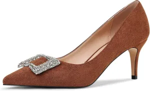 Women's Rhinestones Buckle Pumps Pointed Toe Kitten Heels Dress Shoes