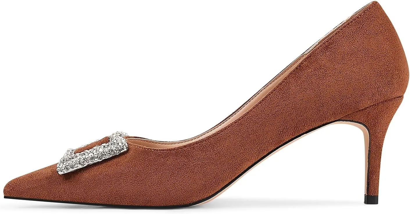 Women's Rhinestones Buckle Pumps Pointed Toe Kitten Heels Dress Shoes