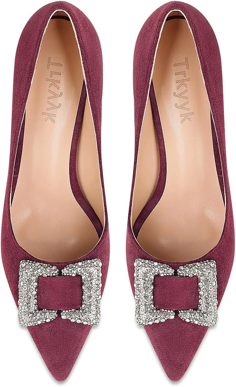 Women's Rhinestones Buckle Pumps Pointed Toe Kitten Heels Dress Shoes