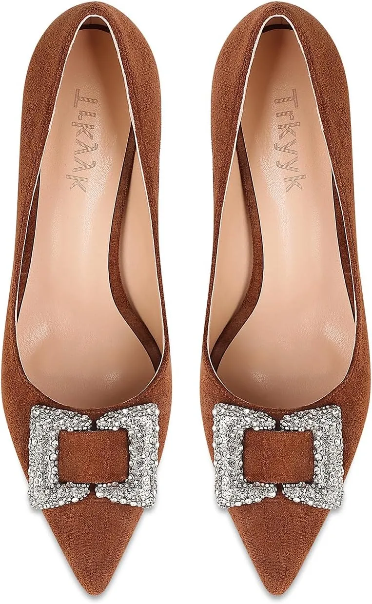 Women's Rhinestones Buckle Pumps Pointed Toe Kitten Heels Dress Shoes