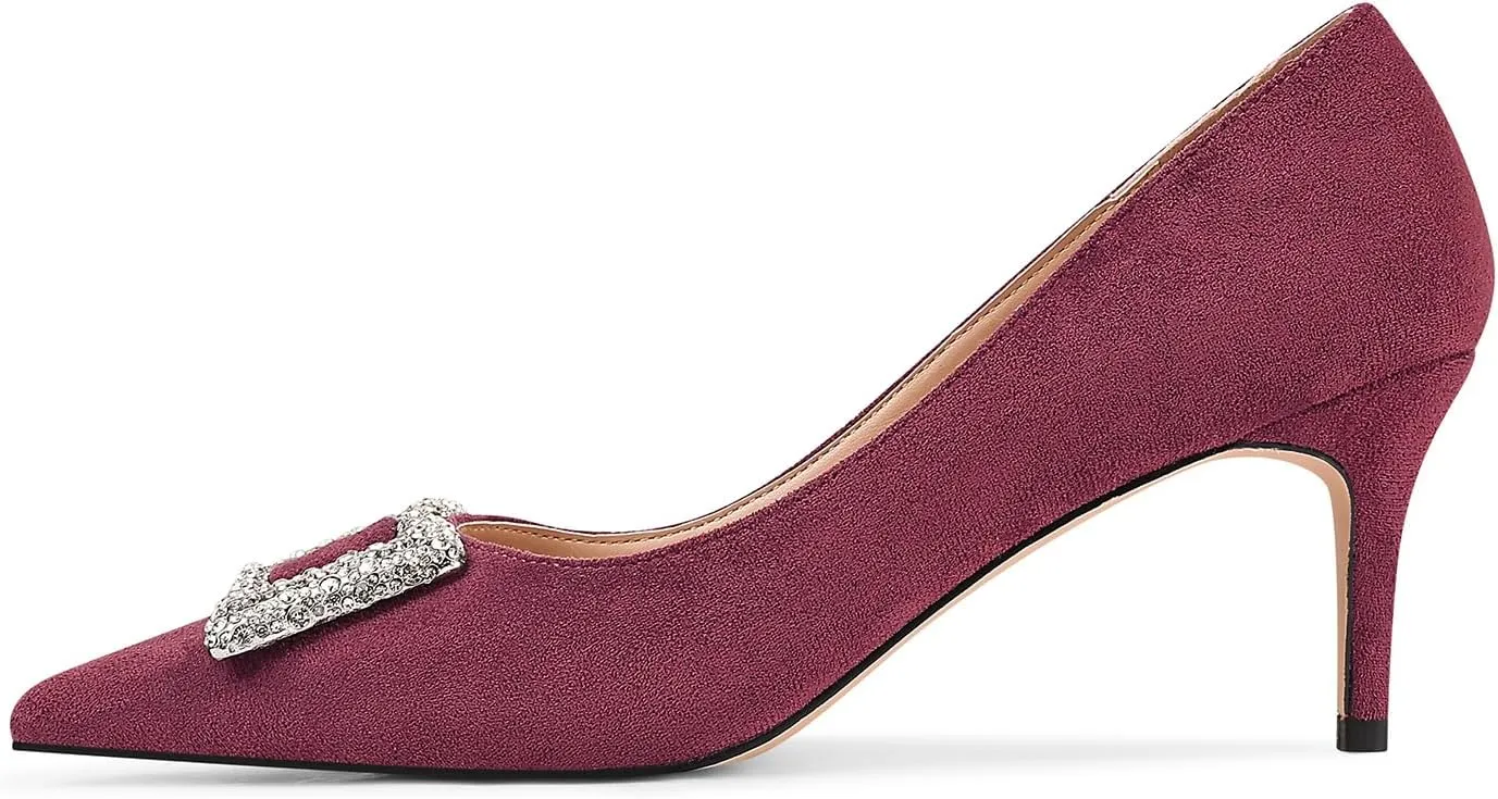 Women's Rhinestones Buckle Pumps Pointed Toe Kitten Heels Dress Shoes