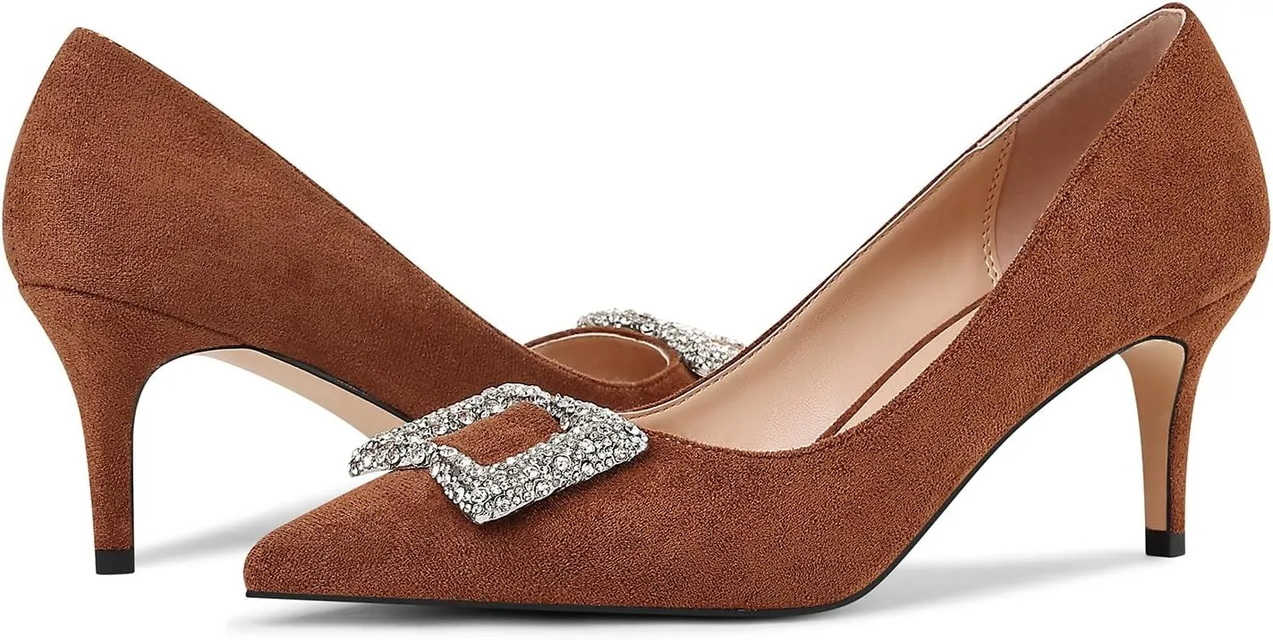 Women's Rhinestones Buckle Pumps Pointed Toe Kitten Heels Dress Shoes