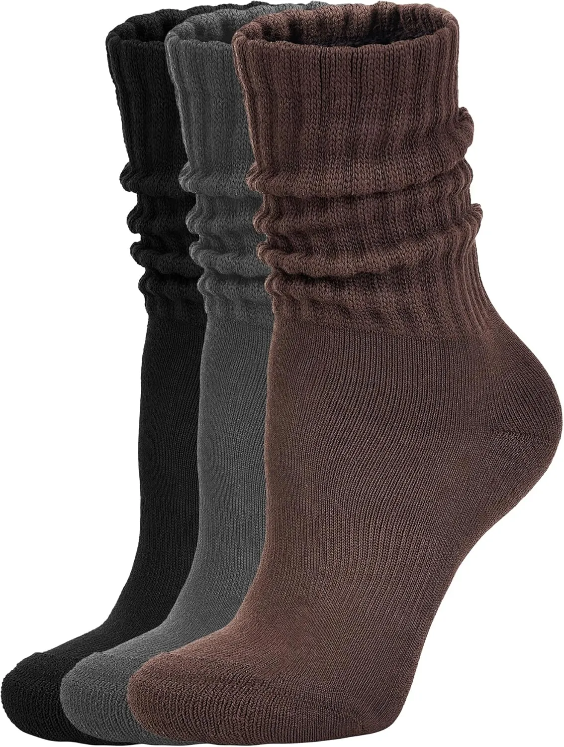 Women's Scrunch Crew Socks Retro 3-Pack Solid Cotton Boot Calf Socks Chunky Ribbed Cozy Slouchy Socks Size 5-11