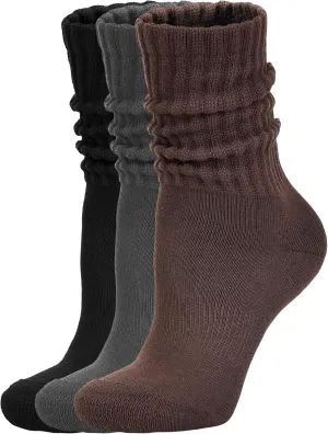 Women's Scrunch Crew Socks Retro 3-Pack Solid Cotton Boot Calf Socks Chunky Ribbed Cozy Slouchy Socks Size 5-11