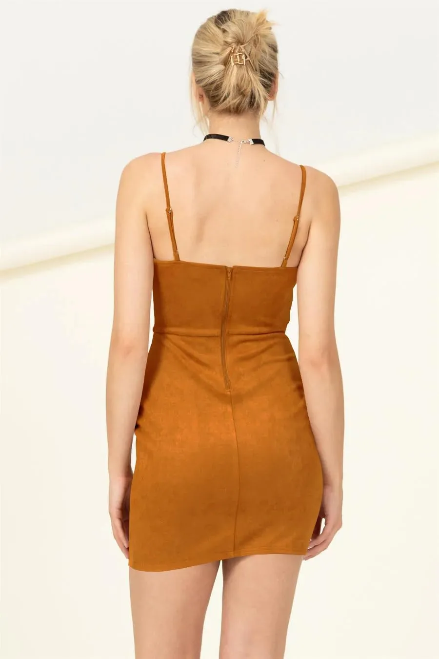 Women's Sleeveless Faux Suede Bodycon Mini Dress Sexy Adjustable Straps Padded Cocktail Dresses