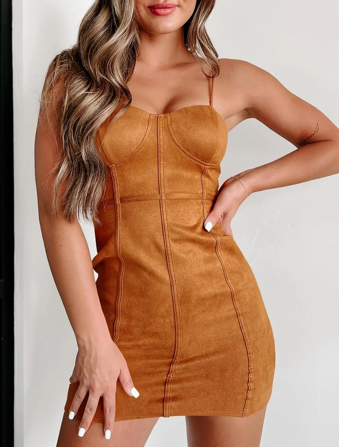 Women's Sleeveless Faux Suede Bodycon Mini Dress Sexy Adjustable Straps Padded Cocktail Dresses