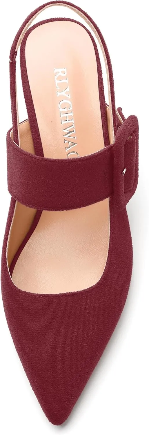 Women's Slingback Heels Mid Heel Pumps Pointed Closed Toe Chunky Heel Suede Wedding Party Shoes