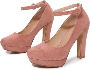Women'S Suede Platform Ankle Strap Chunky High Heel Pumps,Fashion Vintage Closed Round Toe Dress Heels,for Wedding Party Formal