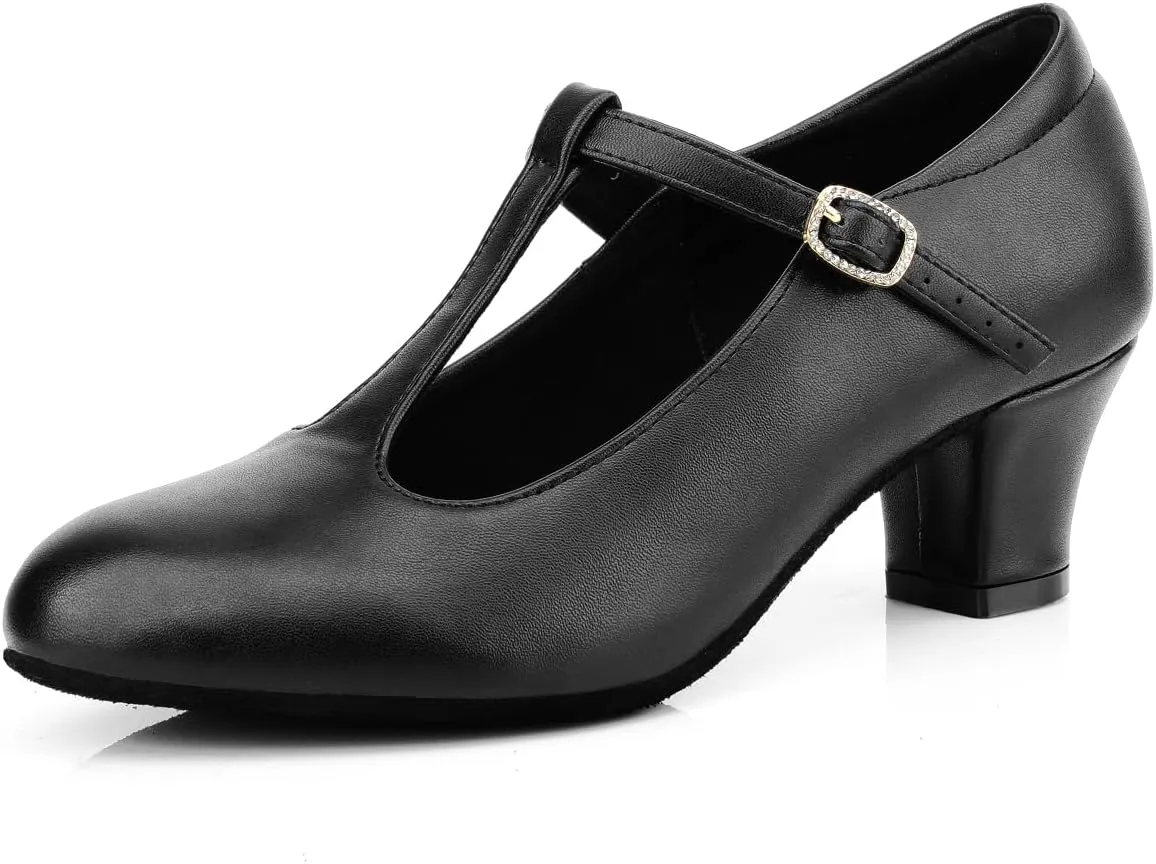 Women's T-Strap Character Shoes Latin Ballroom Dance Heels Black Wedding Pumps