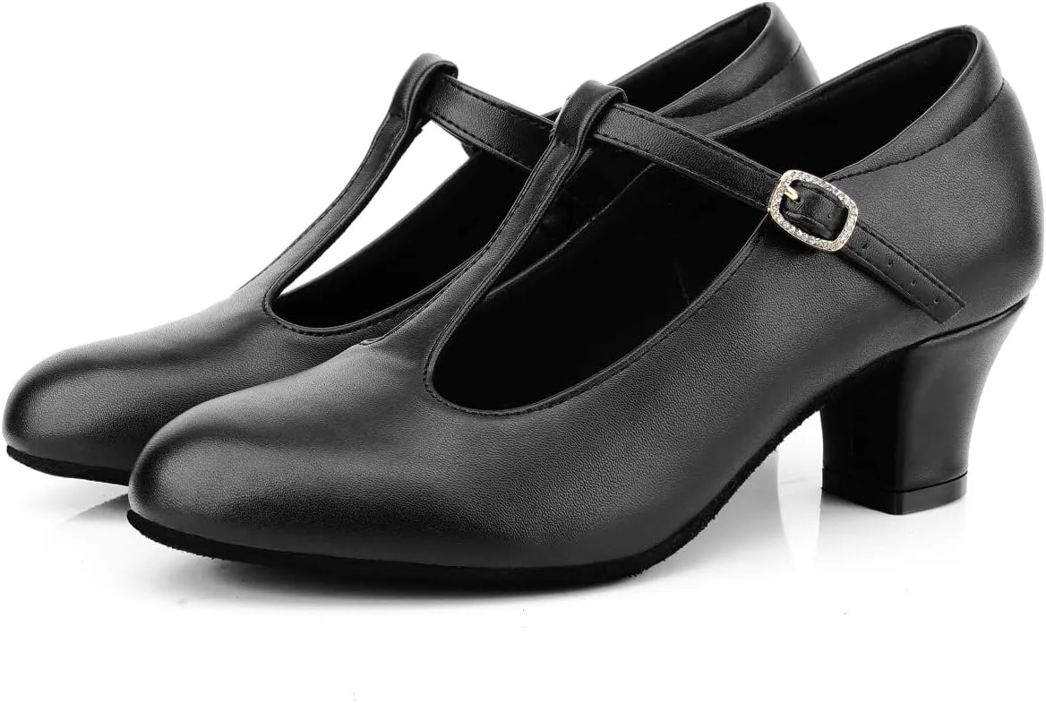 Women's T-Strap Character Shoes Latin Ballroom Dance Heels Black Wedding Pumps