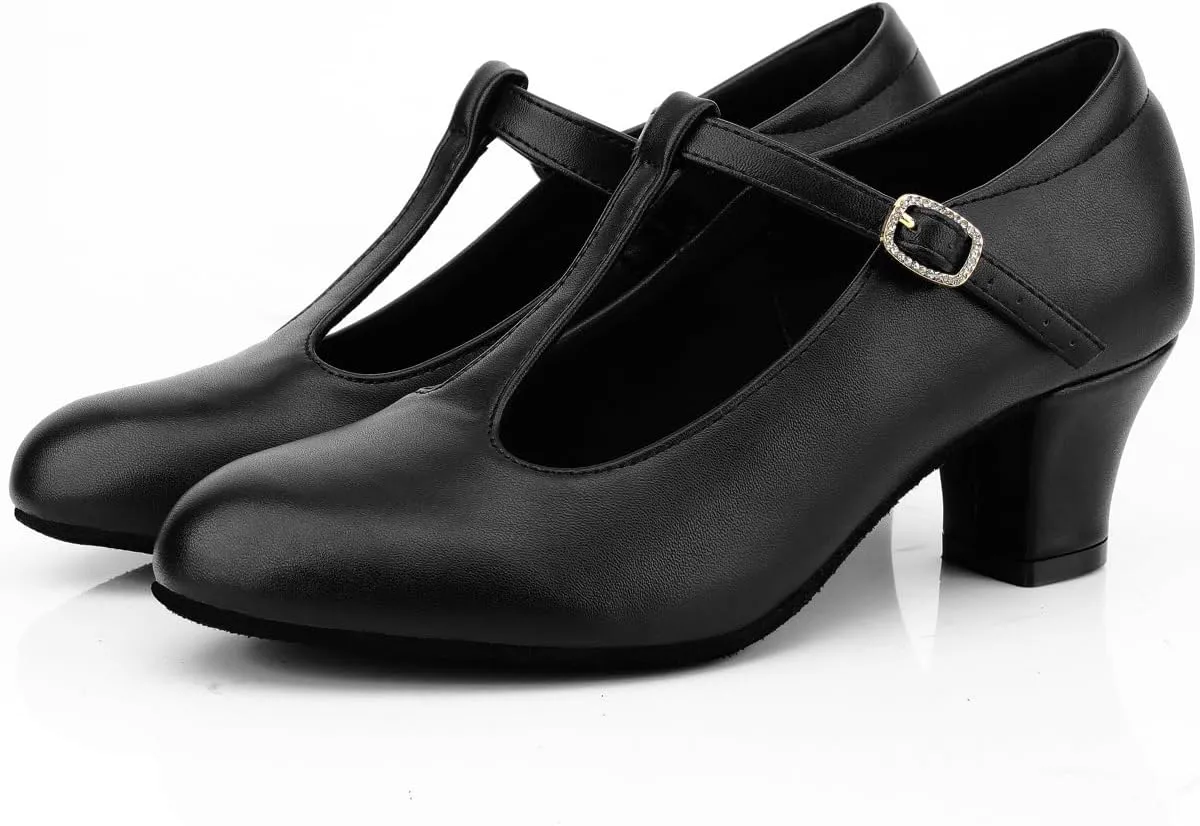 Women's T-Strap Character Shoes Latin Ballroom Dance Heels Black Wedding Pumps