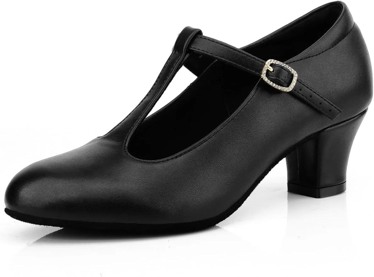 Women's T-Strap Character Shoes Latin Ballroom Dance Heels Black Wedding Pumps