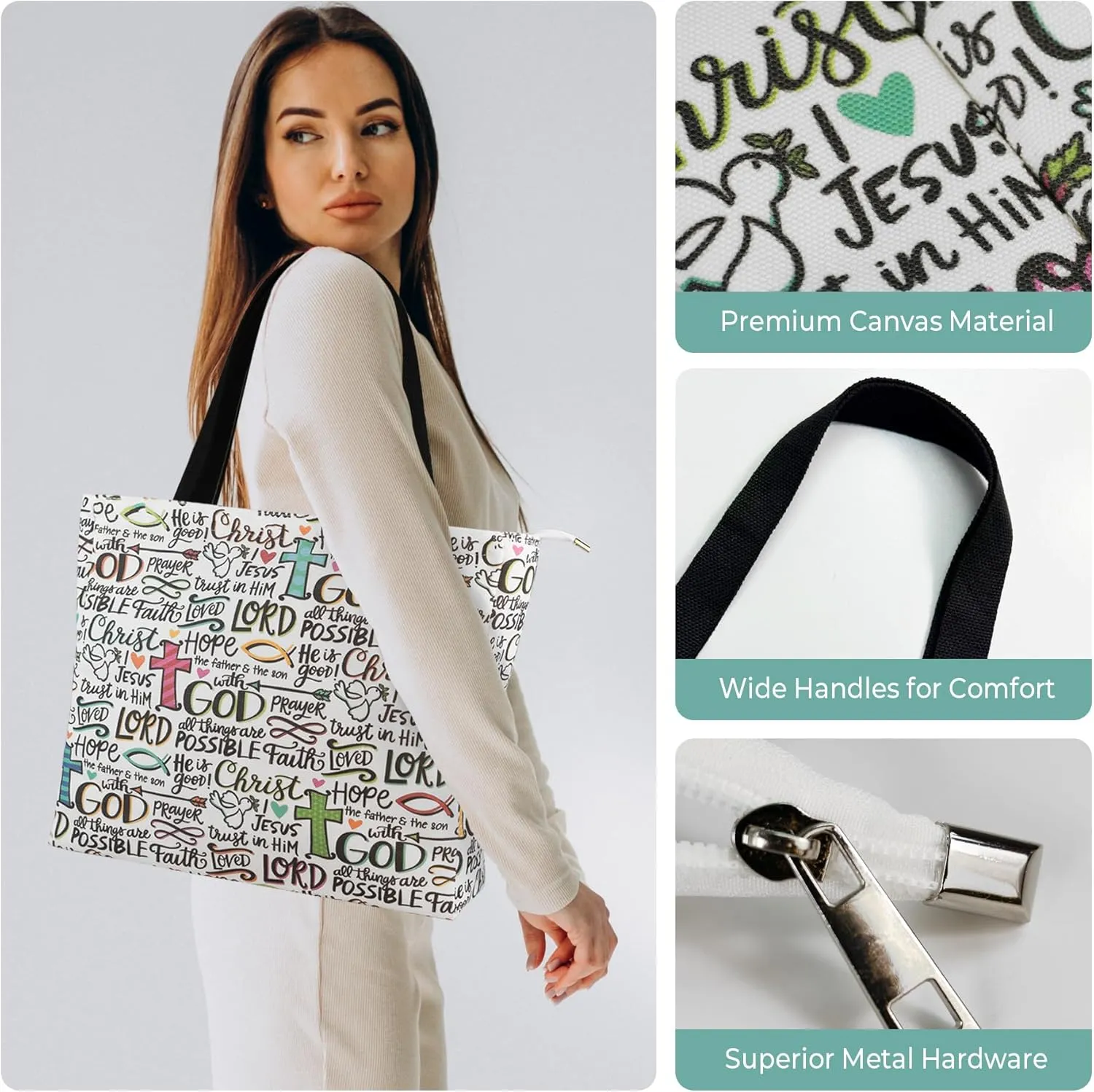 Women's Tote Bag with Zipper, Thick Canvas, Vibrant Print, Wide Strap - Reusable Shopping Bag for Work & Daily