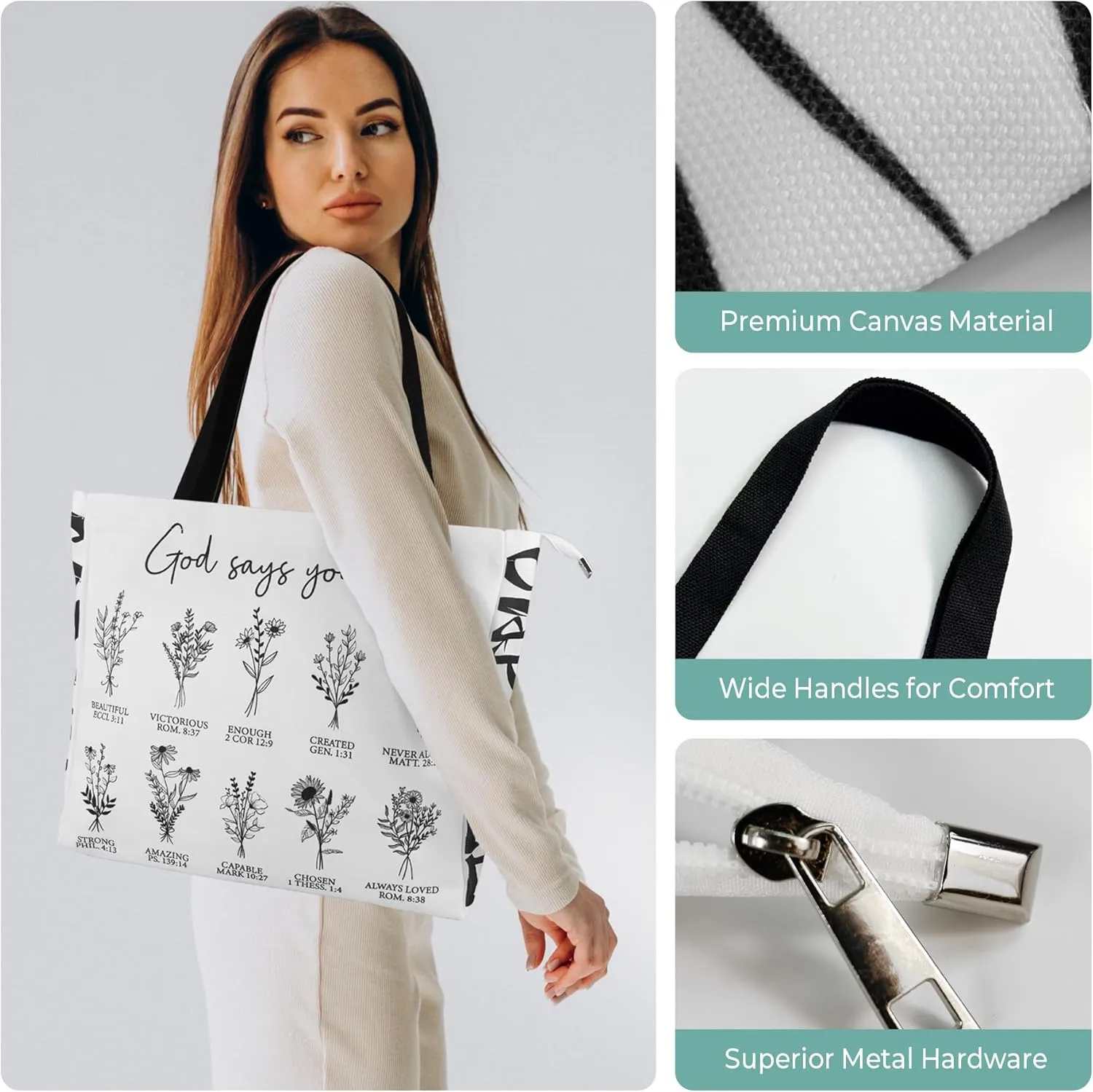 Women's Tote Bag with Zipper, Thick Canvas, Vibrant Print, Wide Strap - Reusable Shopping Bag for Work & Daily