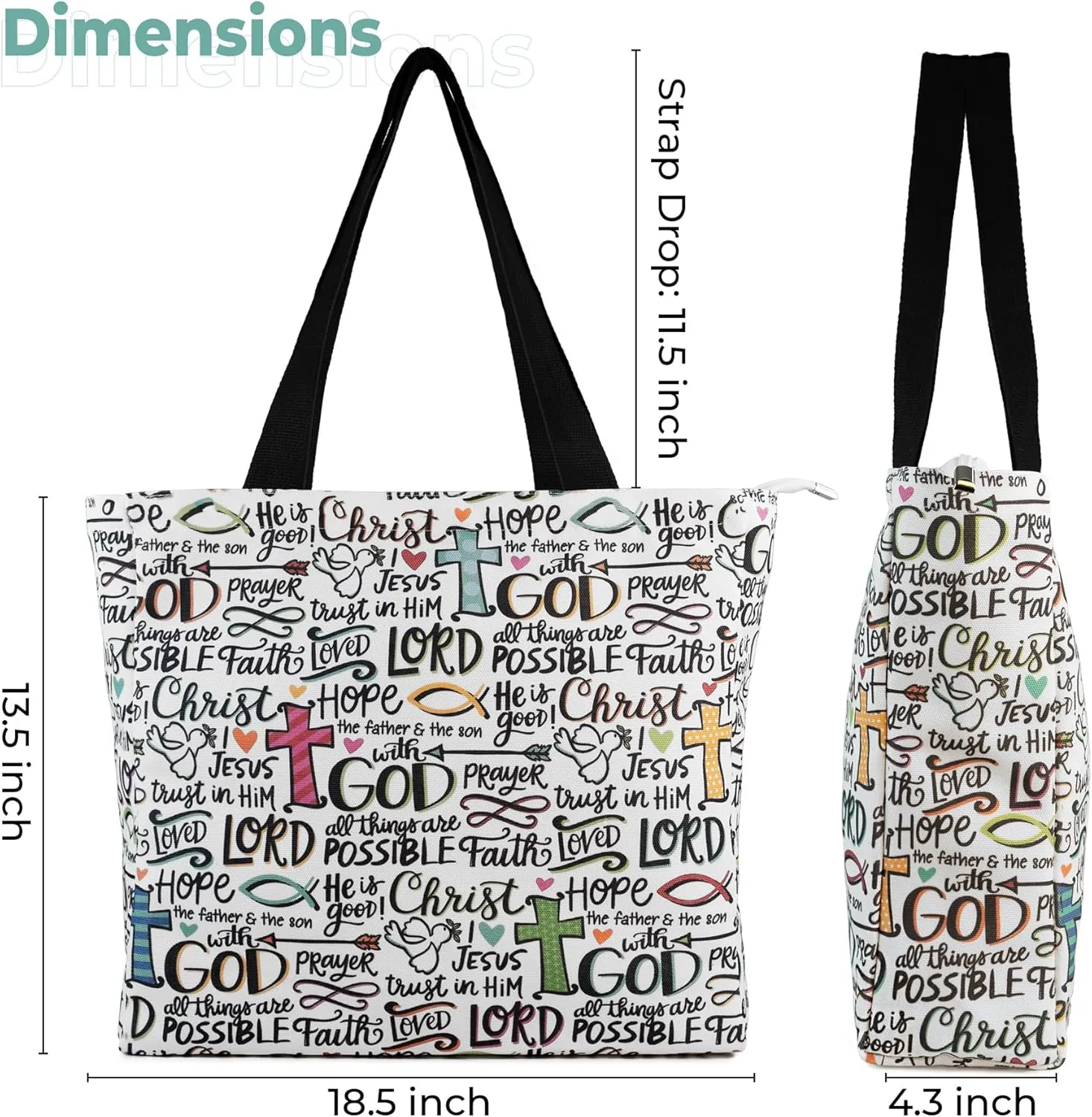 Women's Tote Bag with Zipper, Thick Canvas, Vibrant Print, Wide Strap - Reusable Shopping Bag for Work & Daily