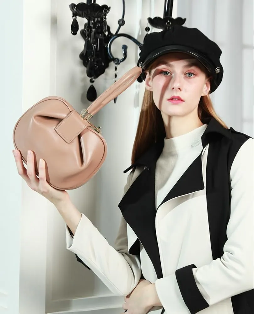Women's Trendy Genuine Leather Clutch Purse Sphere Wristlet Handbags Mini Tote Bag Elegant Ladies Shoulder Satchels