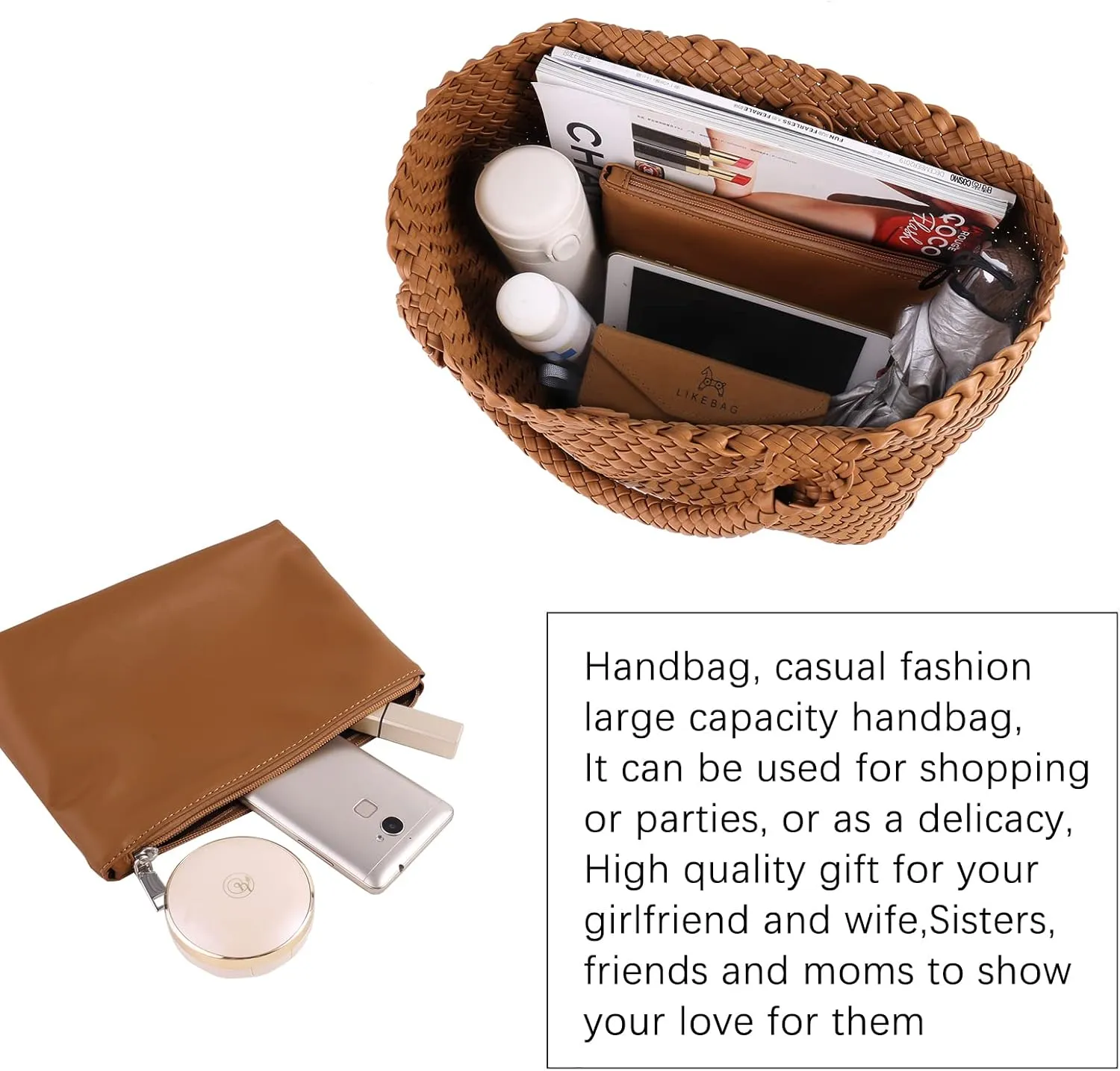 Women's Woven Vegan Leather Tote Bag - Large Summer Beach Travel Handbag - Retro Shoulder Bag