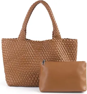 Women's Woven Vegan Leather Tote Bag - Large Summer Beach Travel Handbag - Retro Shoulder Bag