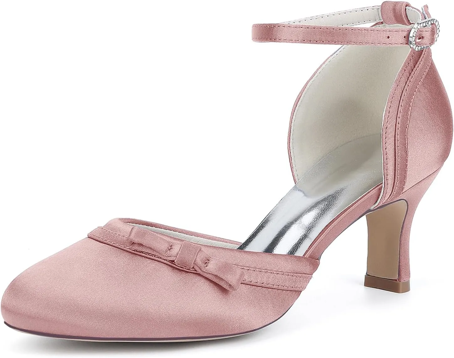 Women'sround Closed Toe Satin Pumps 6.5CM Bow Kitten Heel Bridal Shoes Ankle Strap Wedding Prom Party Dress Comfortable Bridesmaids