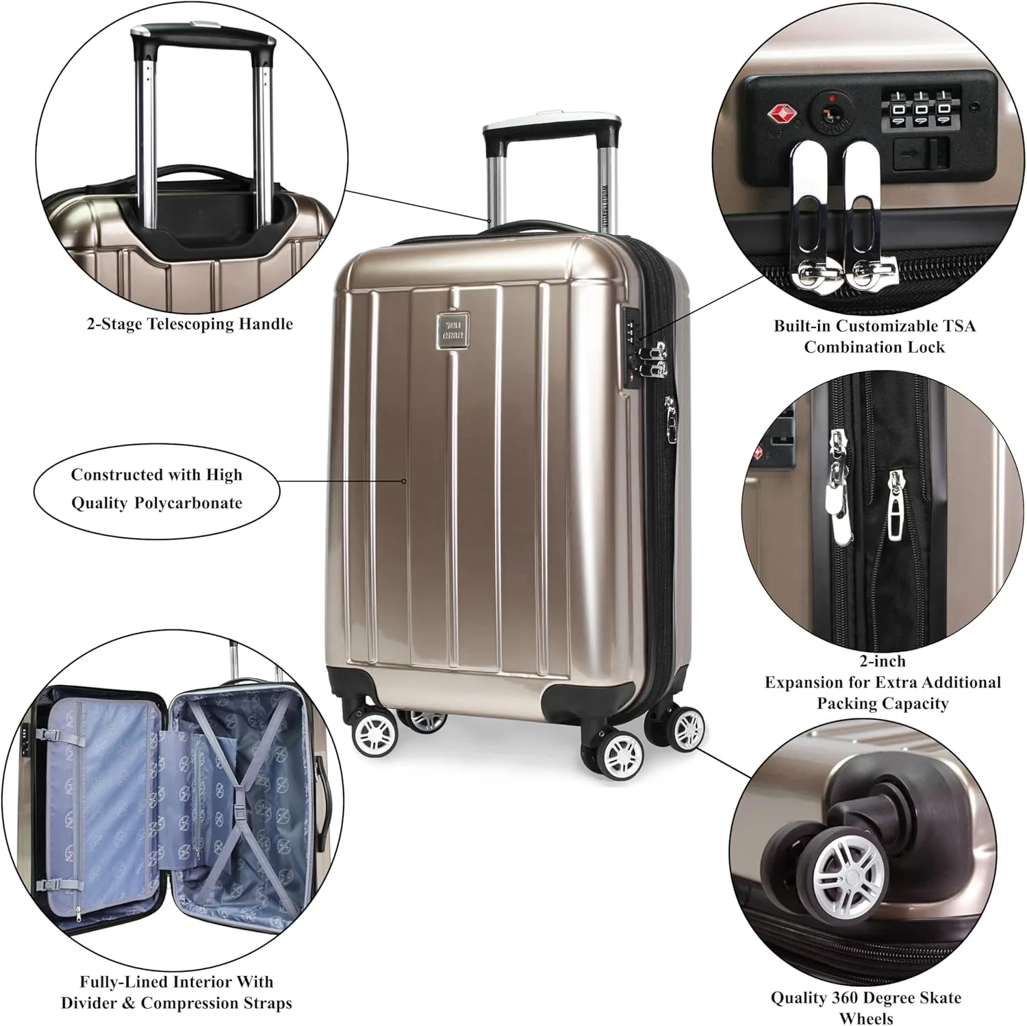 World Traveler VentureX Airline Approved Carry-On Luggage – Lightweight Hardside Suitcase with Spinner Wheels, Contour Champagne, 20-inch