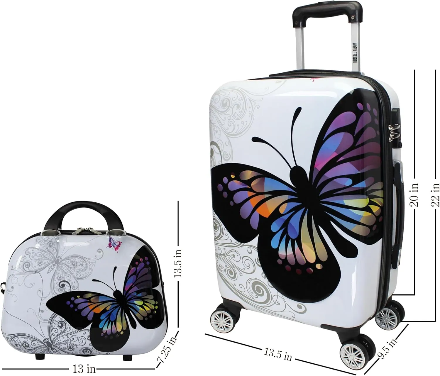 World Traveler VentureX Airline Approved Luggage – Lightweight Hardside Suitcase with Spinner Wheels, Butterfly, 2-Piece Carry-On Set
