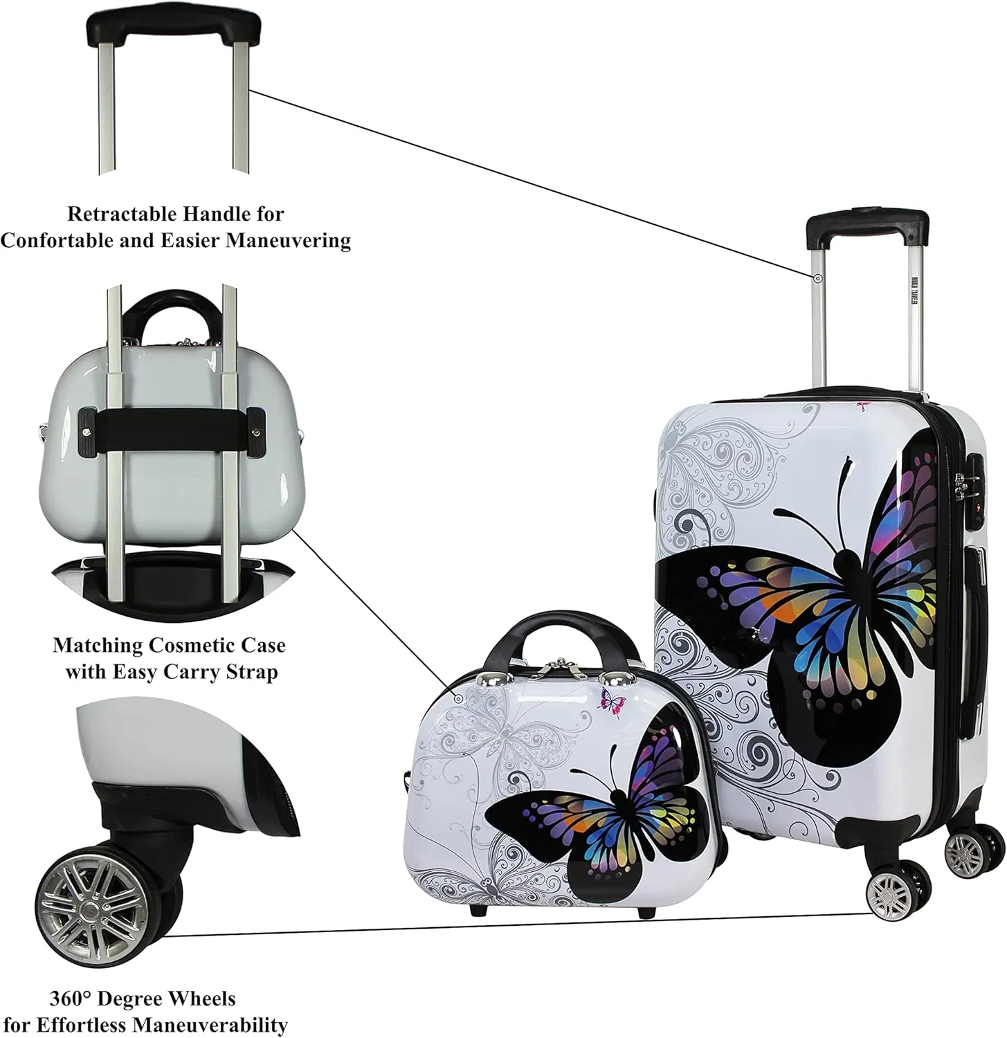 World Traveler VentureX Airline Approved Luggage – Lightweight Hardside Suitcase with Spinner Wheels, Butterfly, 2-Piece Carry-On Set