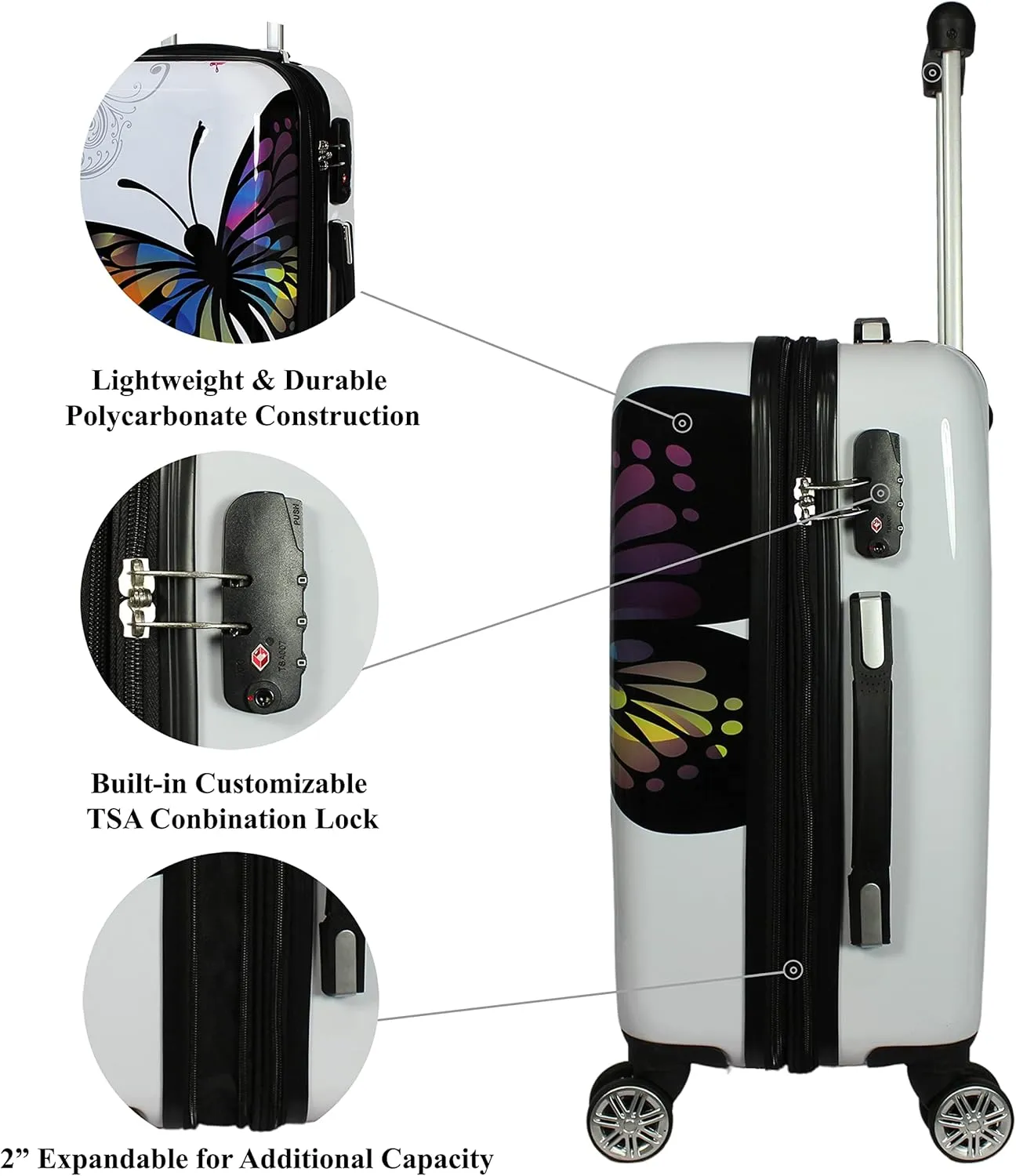 World Traveler VentureX Airline Approved Luggage – Lightweight Hardside Suitcase with Spinner Wheels, Butterfly, 2-Piece Carry-On Set