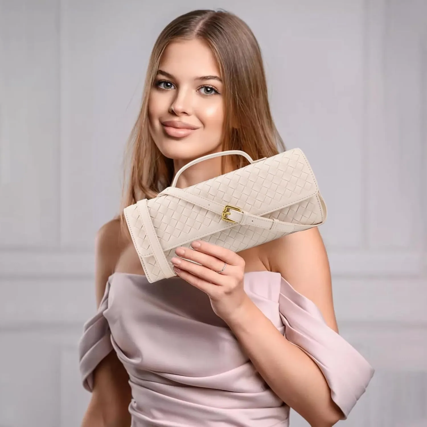 Woven Clutch Purse for Women Designer Shoulder Handbag Leather Crossbody Evening Bag with Detachable Chain