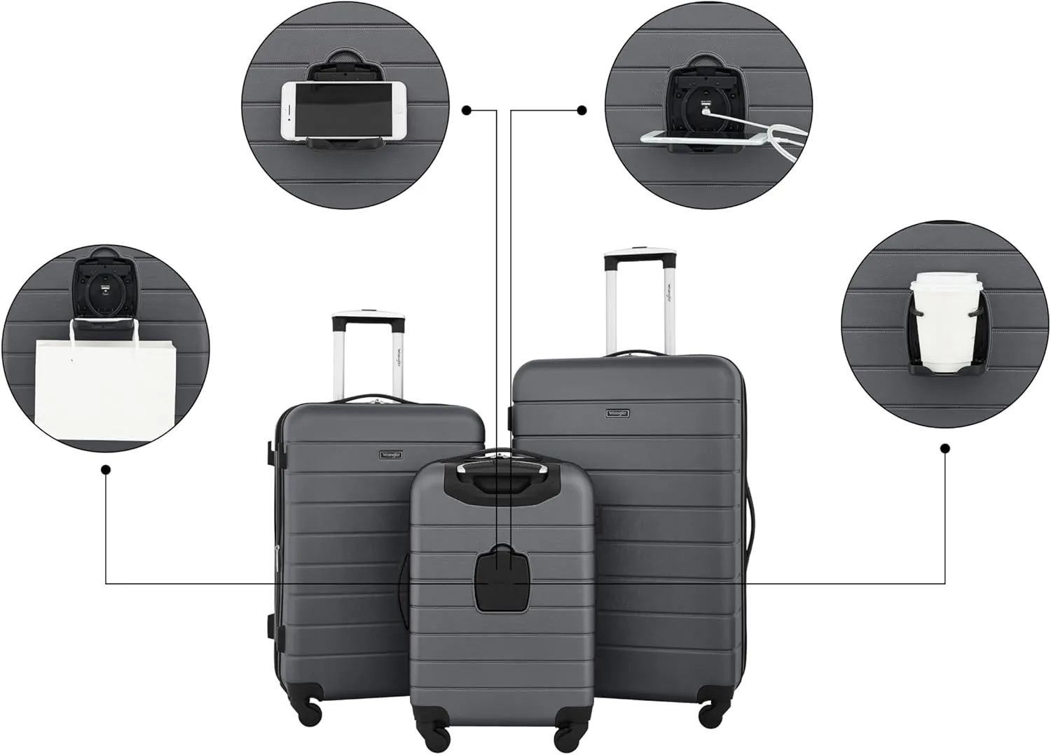 Wrangler Smart Luggage Cup Holder and USB Port, Quiet Shade, 3 Piece Set