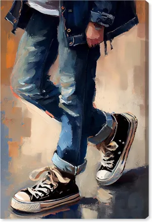 Wynwood Studio Fashion and Glam Contemporary Canvas Art - Black Street Shoes, Wall Art for Living Room, Bedroom, and Bathroom, 36 in x 54, Blue and Brown Home Decor
