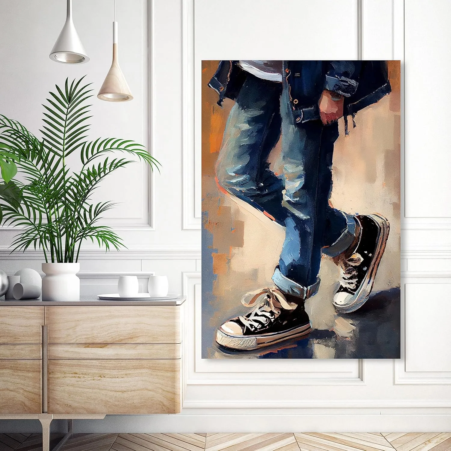 Wynwood Studio Fashion and Glam Contemporary Canvas Art - Black Street Shoes, Wall Art for Living Room, Bedroom, and Bathroom, 36 in x 54, Blue and Brown Home Decor