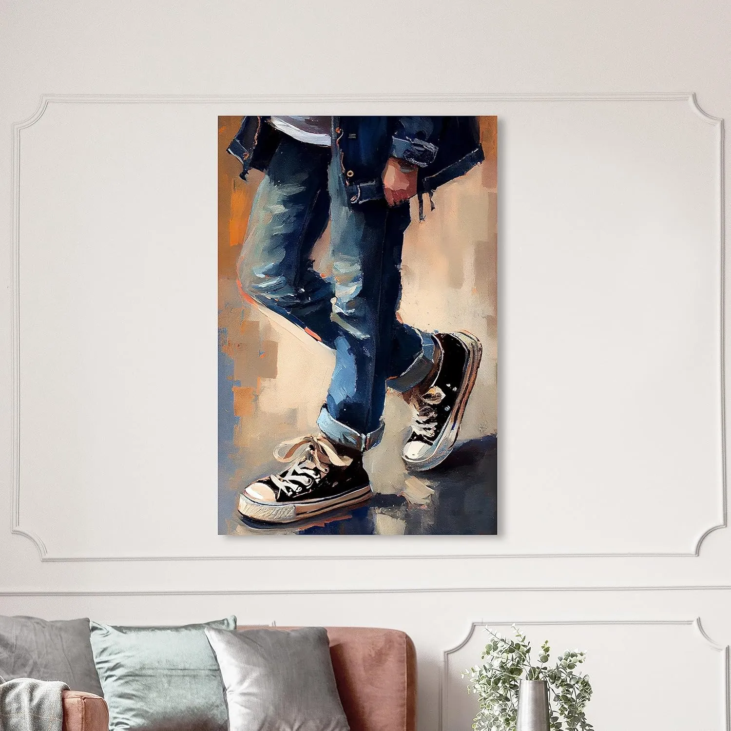 Wynwood Studio Fashion and Glam Contemporary Canvas Art - Black Street Shoes, Wall Art for Living Room, Bedroom, and Bathroom, 36 in x 54, Blue and Brown Home Decor