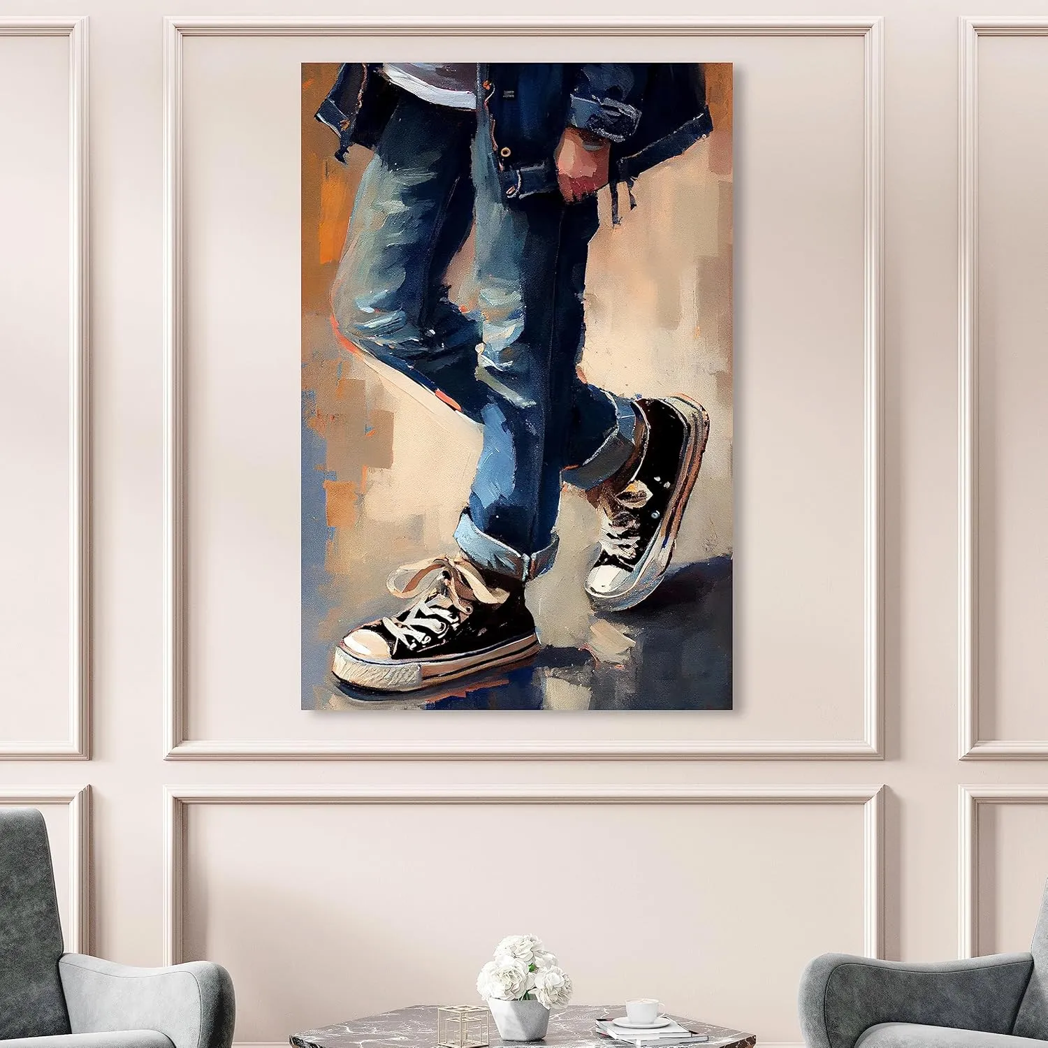 Wynwood Studio Fashion and Glam Contemporary Canvas Art - Black Street Shoes, Wall Art for Living Room, Bedroom, and Bathroom, 36 in x 54, Blue and Brown Home Decor