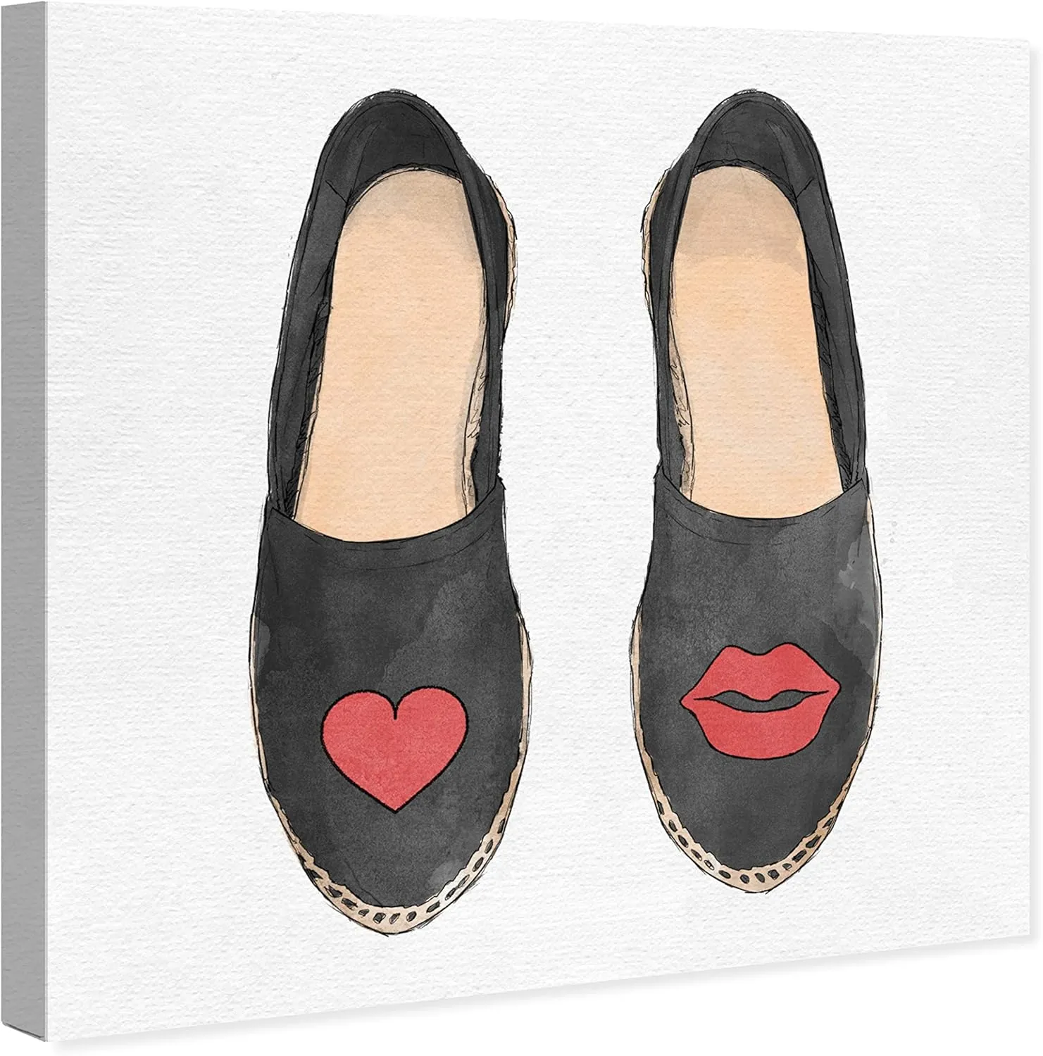 Wynwood Studio Fashion and Glam Contemporary Canvas Art - Heart And Kiss Slippers, Wall Art for Living Room, Bedroom, and Bathroom, 12 in x 12 in, Black and Red Home Decor