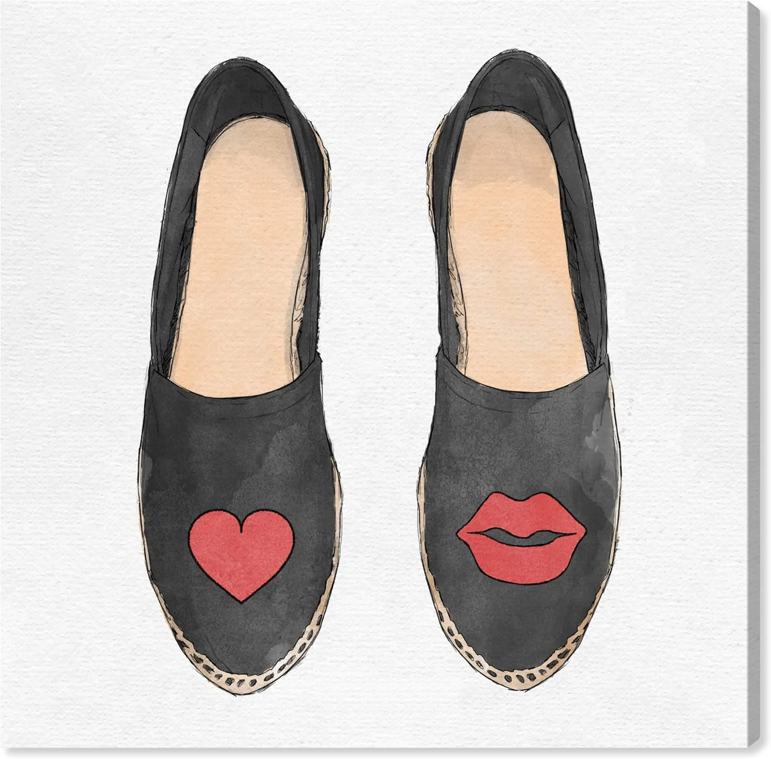 Wynwood Studio Fashion and Glam Contemporary Canvas Art - Heart And Kiss Slippers, Wall Art for Living Room, Bedroom, and Bathroom, 12 in x 12 in, Black and Red Home Decor