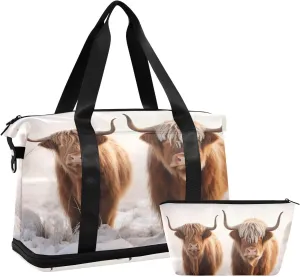 xigua Gym Bag Highland Cattle Travel Duffel Bag - Sports Gym Bag with Dry Wet Pocket Cosmetic bag & Shoes Compartment for Women and Men