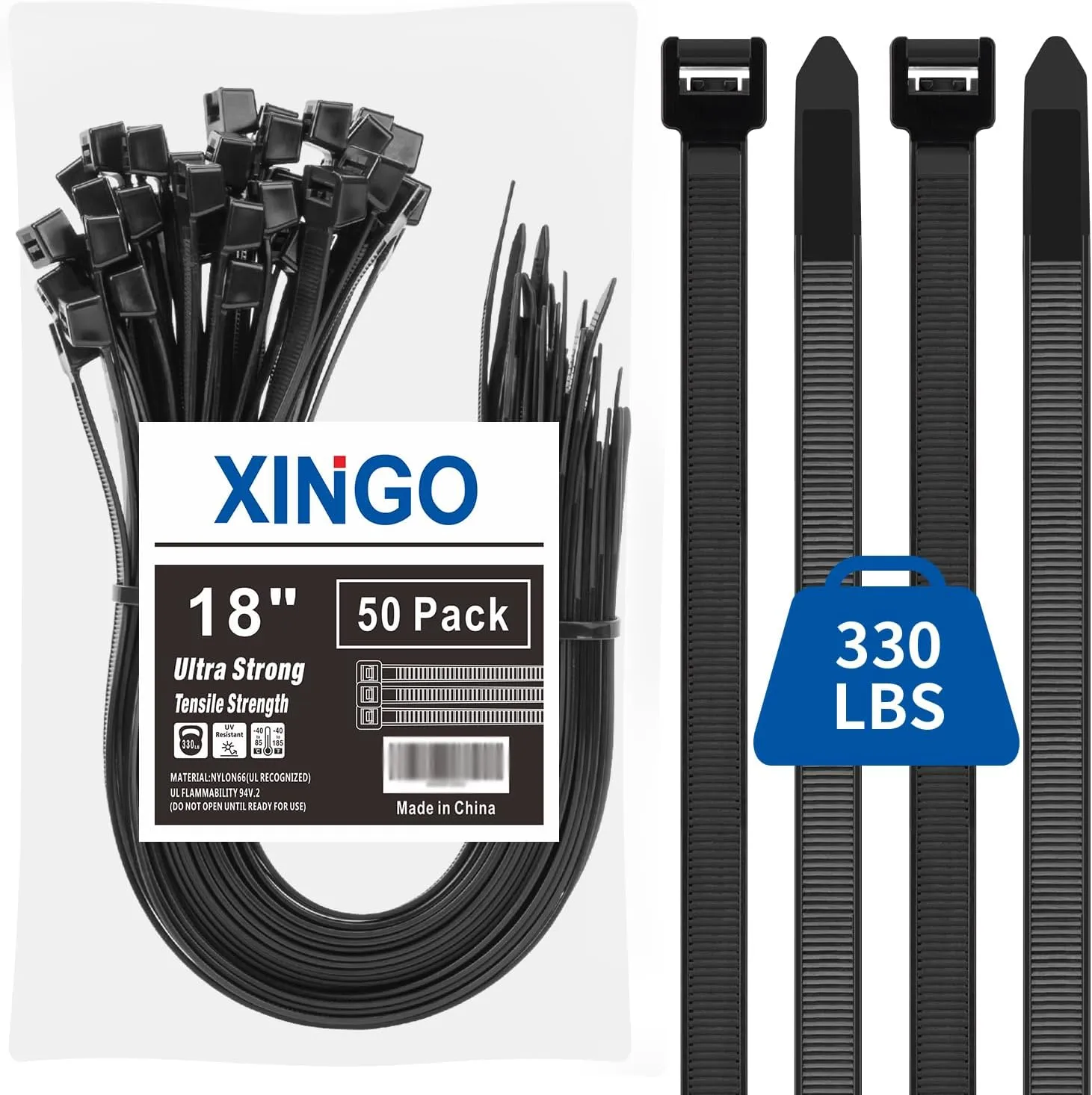 XINGO 18 Inch Black Large Zip Ties Heavy Duty 50 Pack, 330 LBS Ultra Exclusive Strong Plastic Wire Ties, Large Cable Ties Extra Long Ties Wraps For Indoor and Outdoor Use