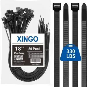 XINGO 18 Inch Black Large Zip Ties Heavy Duty 50 Pack, 330 LBS Ultra Exclusive Strong Plastic Wire Ties, Large Cable Ties Extra Long Ties Wraps For Indoor and Outdoor Use