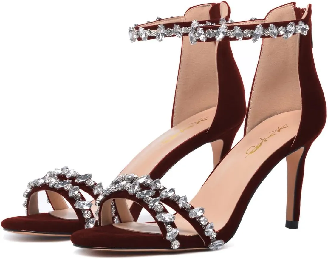 XYD Women Mid Heel Rhinestone Strappy Sandals Open Toe Ankle Strap Prom Evening Party Dressy Shoes