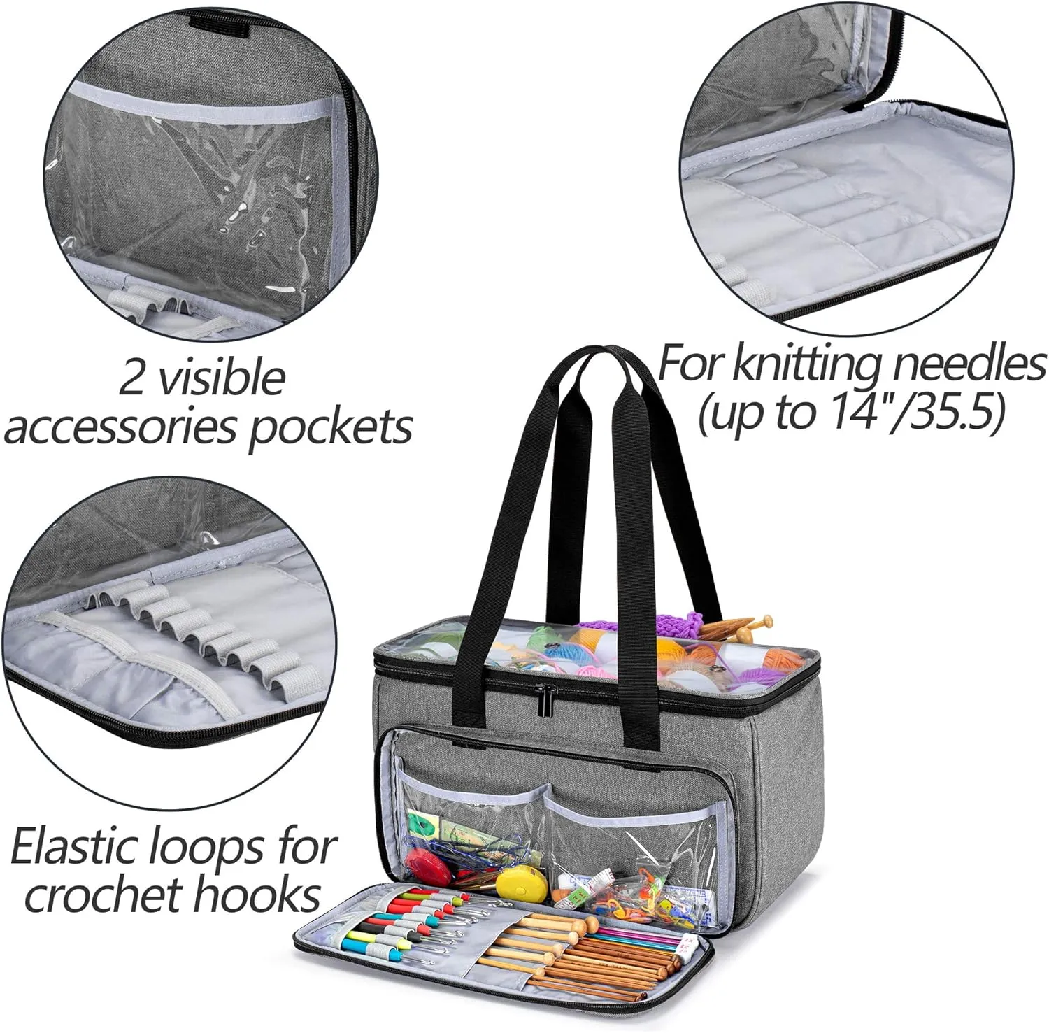 Yarwo Knitting Yarn Bag, Crochet Tote with Pocket for WIP projects, Knitting Needles(Up to 14”) and Skeins of Yarn, Gray with Arrow (Bag Only)