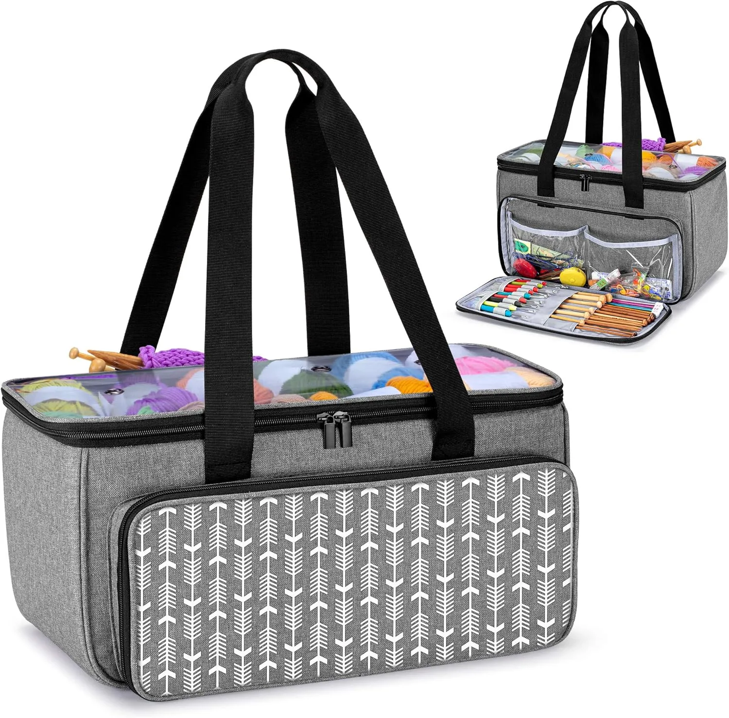 Yarwo Knitting Yarn Bag, Crochet Tote with Pocket for WIP projects, Knitting Needles(Up to 14”) and Skeins of Yarn, Gray with Arrow (Bag Only)