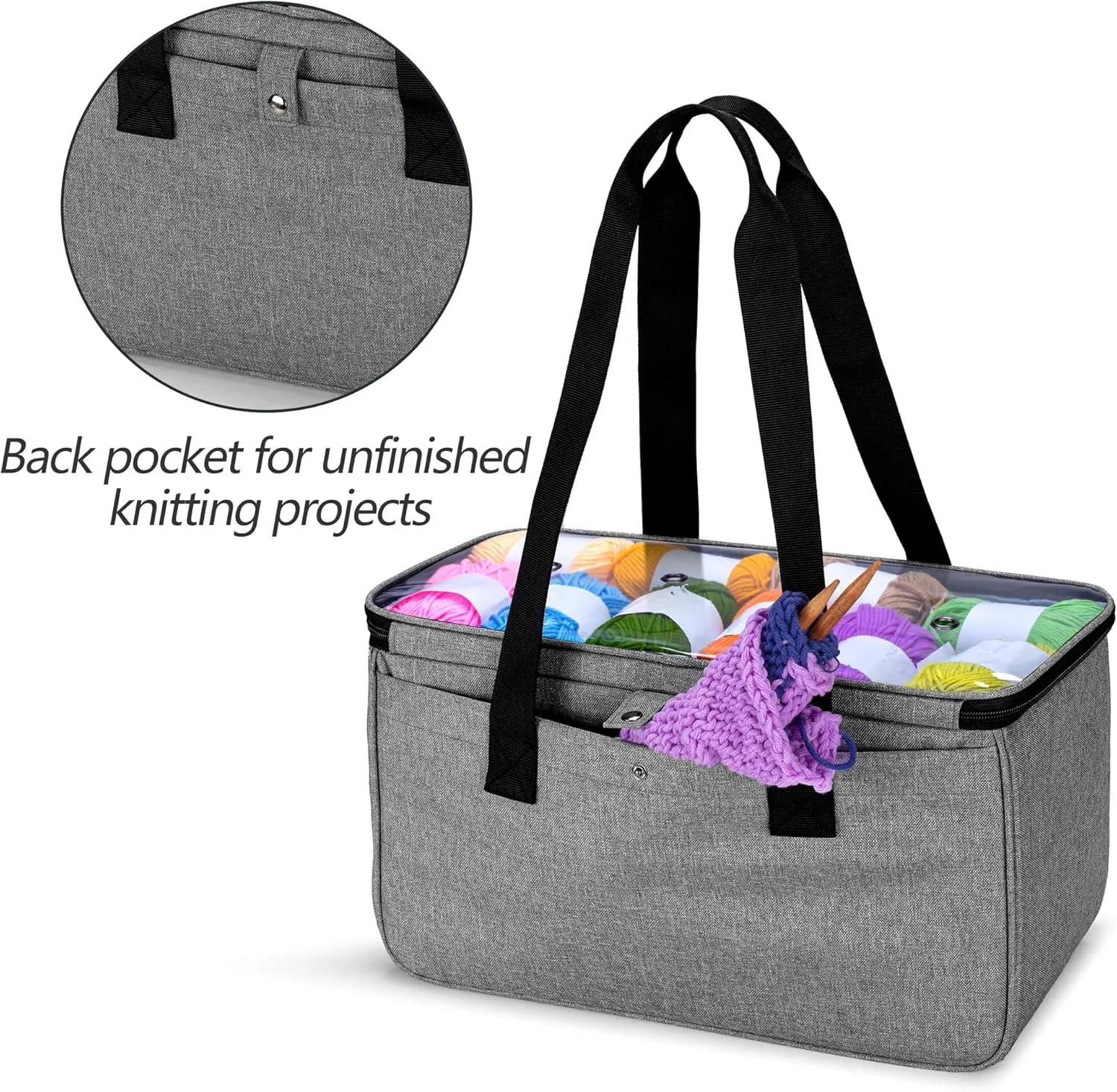 Yarwo Knitting Yarn Bag, Crochet Tote with Pocket for WIP projects, Knitting Needles(Up to 14”) and Skeins of Yarn, Gray with Arrow (Bag Only)