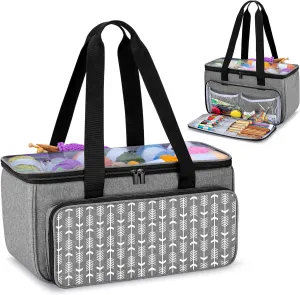 Yarwo Knitting Yarn Bag, Crochet Tote with Pocket for WIP projects, Knitting Needles(Up to 14”) and Skeins of Yarn, Gray with Arrow (Bag Only)