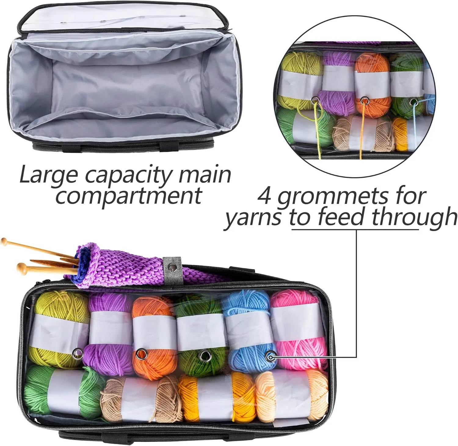 Yarwo Knitting Yarn Bag, Crochet Tote with Pocket for WIP projects, Knitting Needles(Up to 14”) and Skeins of Yarn, Gray with Arrow (Bag Only)