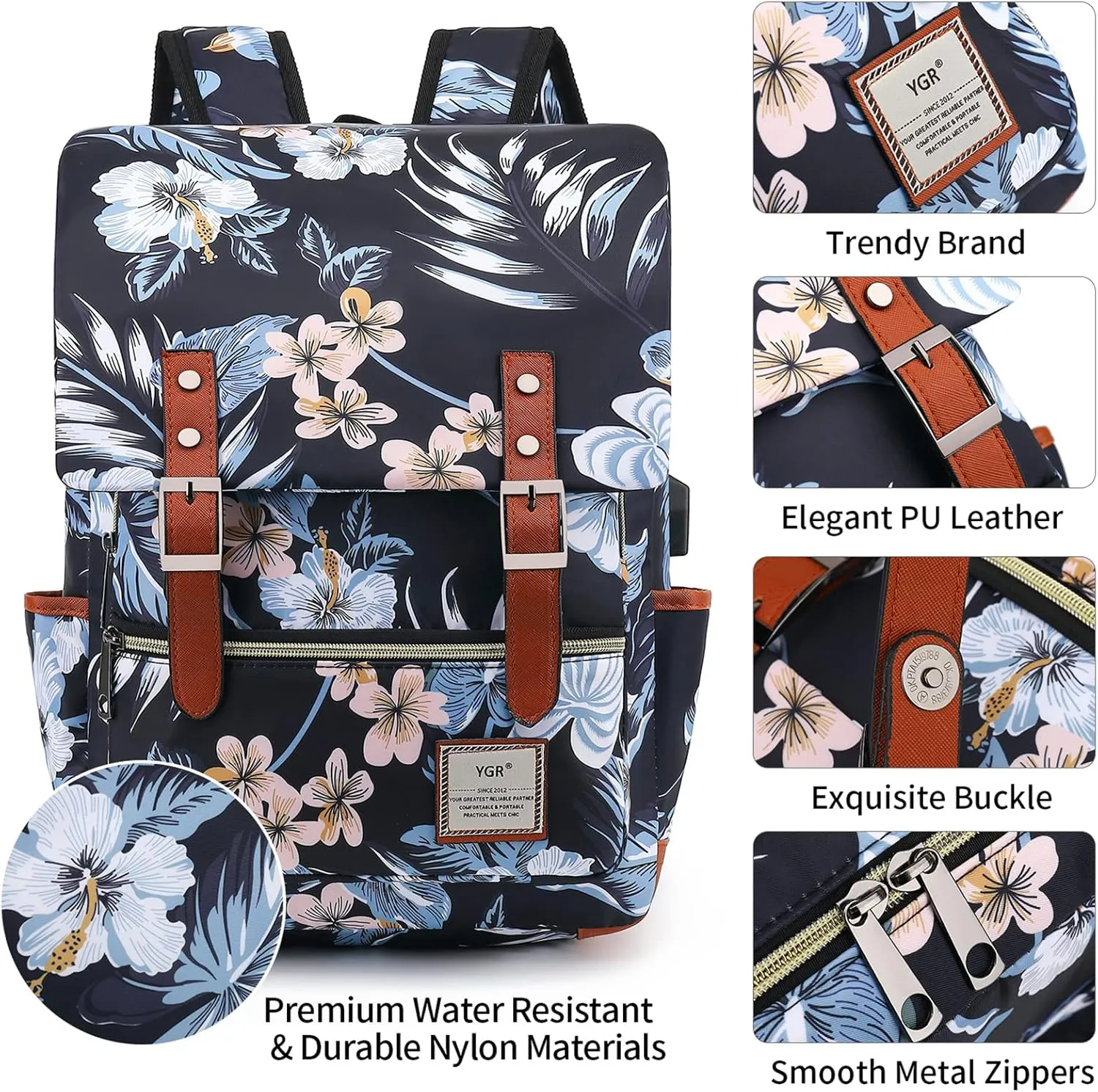 YGR Floral Laptop Backpack for Women, Female, School, Travel, Business, Outdoor Sports, Office, Work