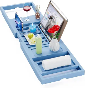 Yirilan Bamboo Bathtub Tray Caddy, 1 or 2 Person Expandable Wooden Bathroom Tray, Luxury Bamboo Bathtub Tray Expandable, Bath Tub Table Caddy with Extending, Blue